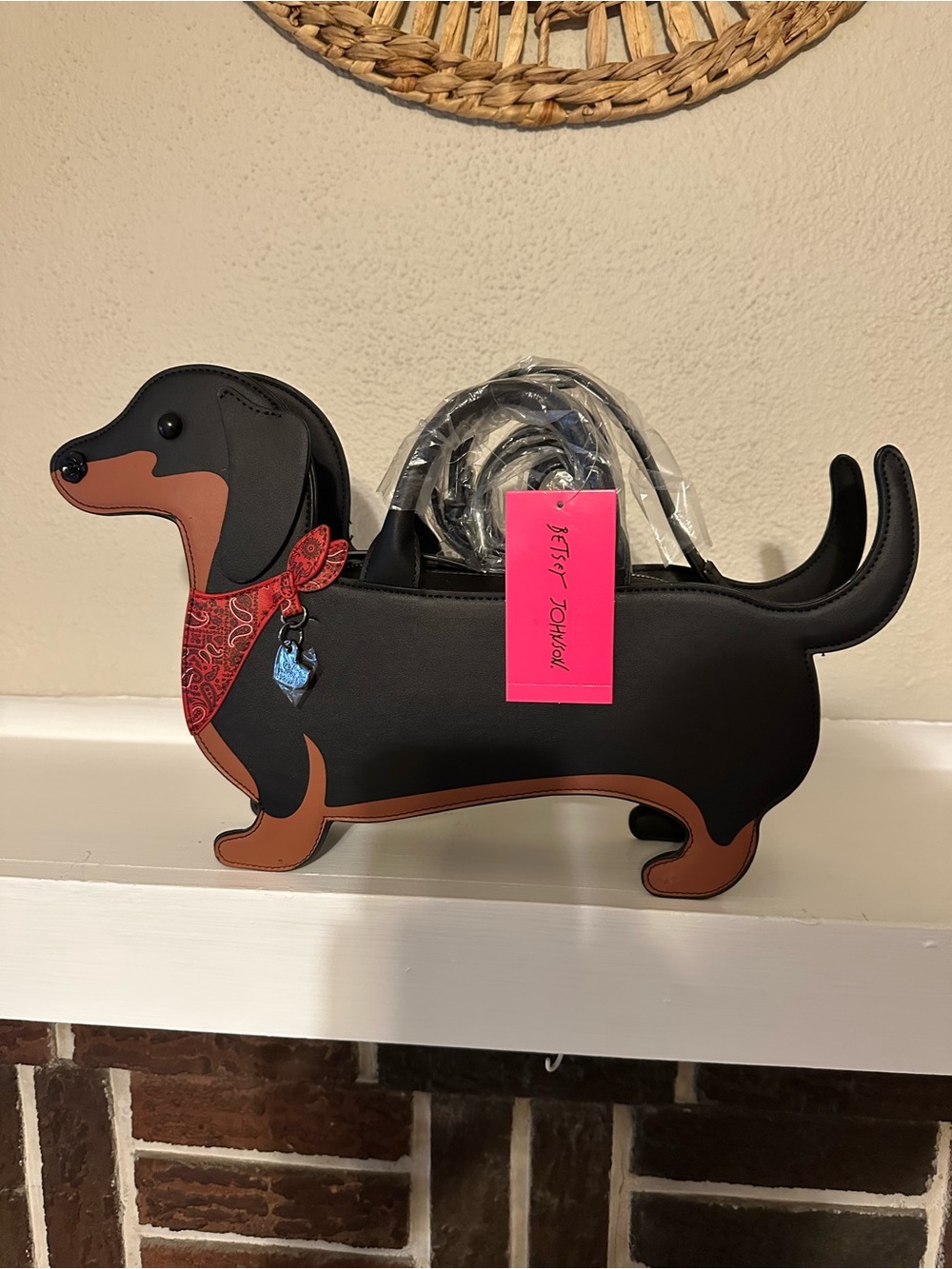 Betsey Johnson Black and Brown Dachshund Crossbody Bag with Red Bandana